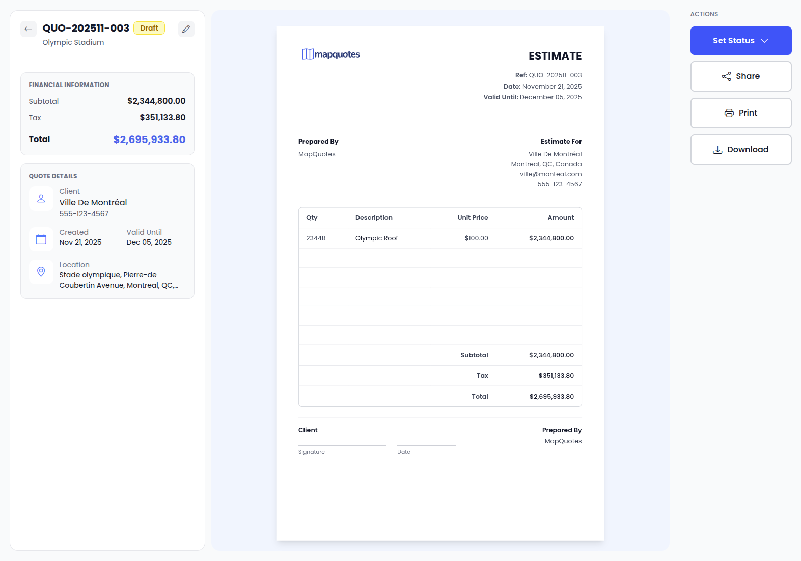 Professional quote generation interface